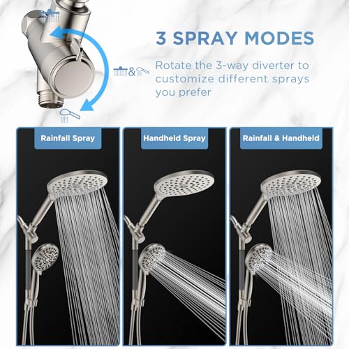Dual Handheld Shower Head Combo, 2-in-1 Rain Shower Heads System 8 Inch Rainfall Shower Head and 10 Modes High Pressure Hand Held Showerhead with Built-in Power Wash - color: Brushed Nickel, size: 8 Inch Standard
