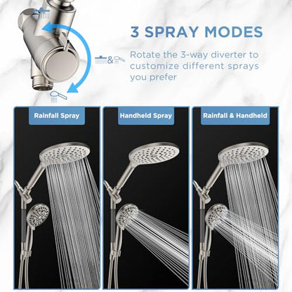 Dual Handheld Shower Head Combo, 2-in-1 Rain Shower Heads System 8 Inch Rainfall Shower Head and 10 Modes High Pressure Hand Held Showerhead with Built-in Power Wash - color: Brushed Nickel, size: 8 Inch Standard
