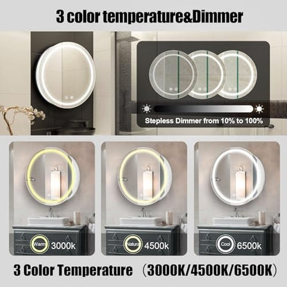 Round Medicine Cabinet with Light,3 Color Temperature,Dimmer,Defogger,32inch,White - color: White, size: 32inch