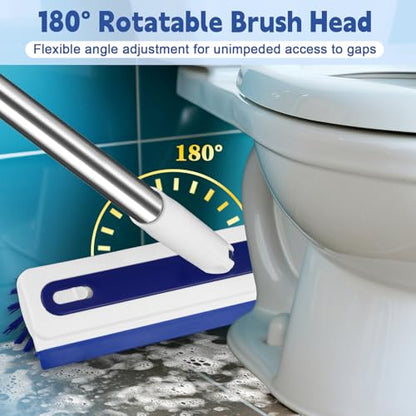 4-in-1 Floor Scrub Brush with Long Handle V-Shaped Crevice Brush Floor Scrubber Mop with Squeegee and Tweezer for Cleaning Gap Tile Bathroom Kitchen Patio Deck Garage