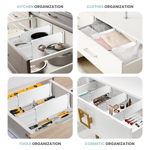RAPTUROUS Adjustable Drawer Dividers, 8" Tall, Expandable 13.35-22", 6-Pack, Non-Slip for Deep Drawers in Kitchen, Bedroom, and Closet (White) - color: 6 Pack -White, size: 8" Tall, 13"-22" Long