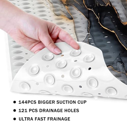 Marble Bath Tub Mat Non Slip, Black White Gold Marble Non Slip Bath Mat for Shower, Large Washable Shower mats for Showers with Drain Holes and Suction Cups,40 X 16 Inch - color: Black White Gold Marble
