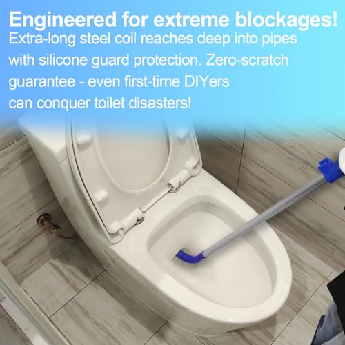 Toilet Auger 6FT DIY Plumbing Snake Drain Cleaner Tool Closet Auger with Non-Scratch Silicone Protection Head, Rust-Resistant Steel,No Plumber Needed for Heavy Toilet Blockages - color: Blue (6FT)