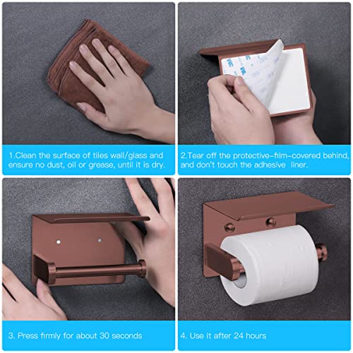 VAEHOLD Self Adhesive Toilet Paper Holder with Phone Shelf Stainless Steel Wall Mounted Toilet Paper Roll Holder - Rustproof and Bathroom Washroom Tissue Roll Holder with Shelf - Red Copper - color: Red Copper