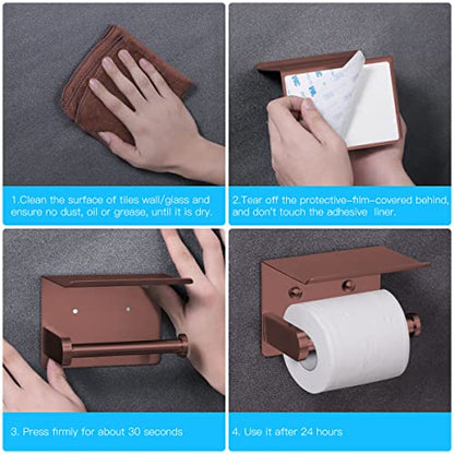 VAEHOLD Self Adhesive Toilet Paper Holder with Phone Shelf Stainless Steel Wall Mounted Toilet Paper Roll Holder - Rustproof and Bathroom Washroom Tissue Roll Holder with Shelf - Red Copper - color: Red Copper