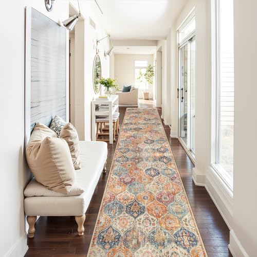 Lahome Moroccan Washable Runner Rug 2x10, Kitchen Runners for Hallways Rubber Backing Ultra-Thin Vintage Hallway Rug Non-Slip Carpet for Entryway Bedroom Laundry Room Elise, Cream/Multi - color: Burnt Orange/Teal Multi, size: 2' X 10' (Runner)