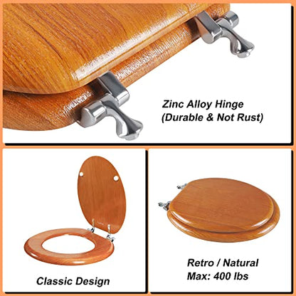 Angel Shield Durable Wood Veneer Natural Toilet Seat Metal Hinged Easy Clean Anti-scratch American Standard(Round,Wood Color) - color: Wood, size: Round-16.5”