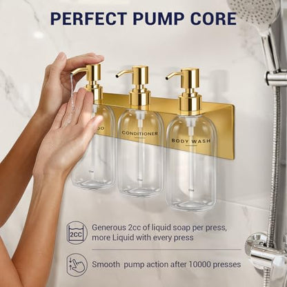 Shampoo Conditioner Body Wash Dispenser Bonus Soap Dish and Hook, Clear | 17 fl oz Set of 3 Clear Plastic Bottles with Black Pumps, Drill Free Adhesive Bathroom Organizer, Dorm Room Essentials