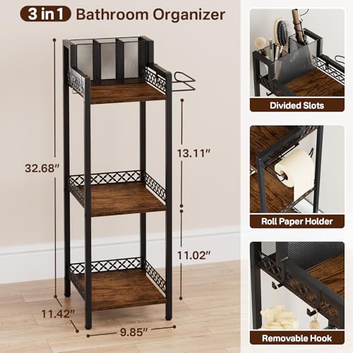 Bathroom Storage and Organizer Shelf Hair Dryer Holder, 9.85in | 3-Tier Narrow Metal Standing Rack with Toilet Paper Holder,Makeup Stand for Cosmetic, Vanity, Kitchen, Laundry Rustic Brown - color: 9.85“ Black Without Drawer