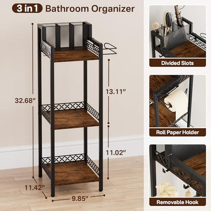 Bathroom Storage and Organizer Shelf Hair Dryer Holder, 9.85in | 3-Tier Narrow Metal Standing Rack with Toilet Paper Holder,Makeup Stand for Cosmetic, Vanity, Kitchen, Laundry Rustic Brown - color: 9.85“ Black Without Drawer
