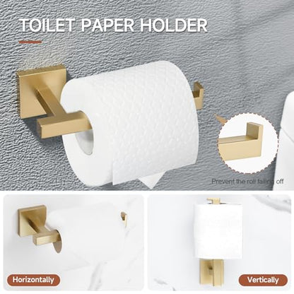 TQKAG Brushed Gold Bathroom Hardware Accessories Set 10 Pieces, 23.6" SUS304 Stainless Steel Towel Bar Set Wall Mounted Includes Single Towel Bar, Towel Ring, Toilet Paper Holder, Double Towel Hooks - color: Brushed Gold, size: 10-Pieces Set