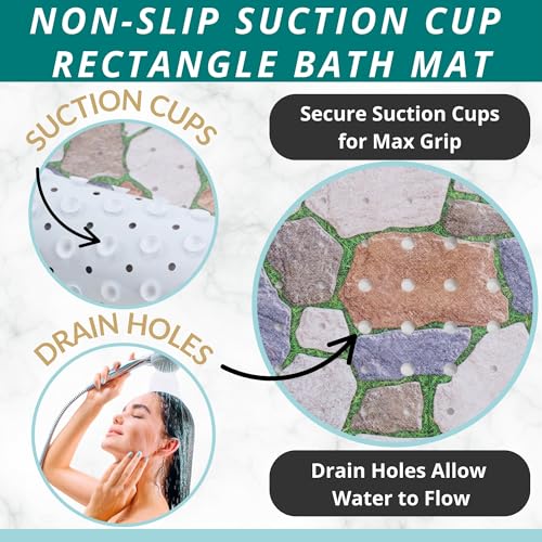 ENKOSI Non-Slip Bath & Shower Mat 40x16 Extra Long, Suction & Drain Holes | Stone Path spa look; Durable PVC; 40x16 in, Stone Path - color: Stone Path