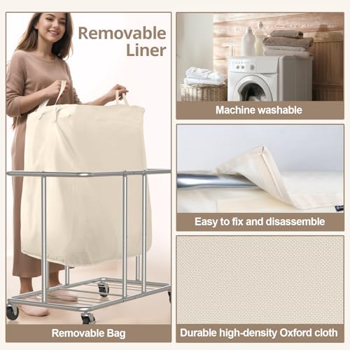 Hodonas Rolling Laundry Hamper 2-Section, Beige, 31.5"Lx15.75W"x30.7"H | 230L(61Gal) Storage Capacity, with Metal Structure, Removable Liner, and Silent Casters, Sturdy Clothes Hamper for Home