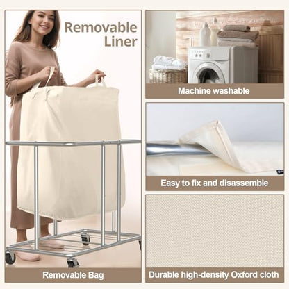 Hodonas Rolling Laundry Hamper 2-Section, Beige, 31.5"Lx15.75W"x30.7"H | 230L(61Gal) Storage Capacity, with Metal Structure, Removable Liner, and Silent Casters, Sturdy Clothes Hamper for Home