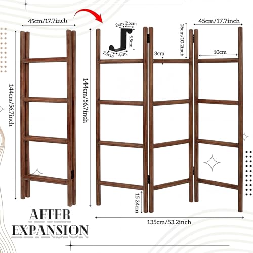 CroBlissful 3 Panel Blanket Ladder, 56.7" H Rustic Wood Quilt Display Rack, Foldable Free Standing Towel Ladder with 9 Hooks, Decorative Blanket Holder for Living Room Bedroom Bathroom Farmhouse Decor