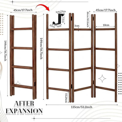 CroBlissful 3 Panel Blanket Ladder, 56.7" H Rustic Wood Quilt Display Rack, Foldable Free Standing Towel Ladder with 9 Hooks, Decorative Blanket Holder for Living Room Bedroom Bathroom Farmhouse Decor