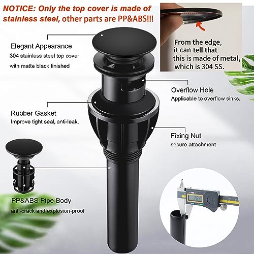 Bathroom Sink Drain, Pop Up Drain Stopper with Overflow, Lavatory Vanity Vessel Sink Drain Assembly, Matte Black - color: Black