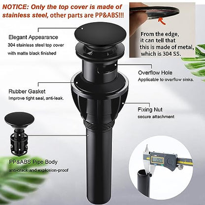 Bathroom Sink Drain, Pop Up Drain Stopper with Overflow, Lavatory Vanity Vessel Sink Drain Assembly, Matte Black - color: Black