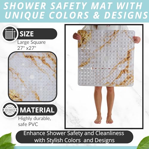 ENKOSI Square Shower Mat 27x27 inch - Anti Slip Shower Stall Floor Mat - Non Slip Shower Mats with Strong Secure Suction Cups and Drain Holes in Middle (27x27 Marble White Gold) - color: Marble White Gold