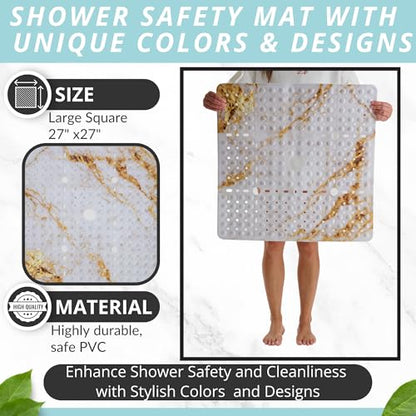 ENKOSI Square Shower Mat 27x27 inch - Anti Slip Shower Stall Floor Mat - Non Slip Shower Mats with Strong Secure Suction Cups and Drain Holes in Middle (27x27 Marble White Gold) - color: Marble White Gold