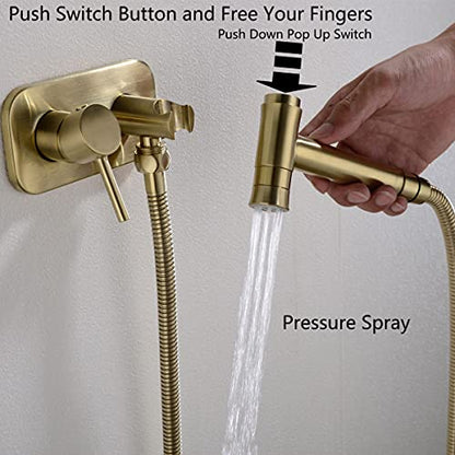 TRUSTMI Toilet Concealed Hot and Cold Bidet Spray Set, Brushed Gold | Brass Rough-In Wall Mount,Thumb-Free Push Button Hand Held Sprayer Head, 2 Function - color: Brushed Gold
