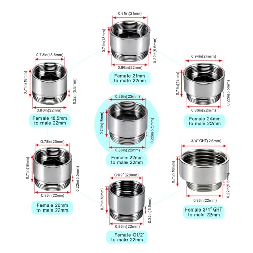 7 PCS Female Thread Faucet Adapter Kit, Sink Faucet Aerator Adapter | Female Thread Sink Adapter: M18.5, M20, M21, M22, M24, G1/2 and 3/4 GHT to M22 Male, Faucet Connector with Washer, PTFE Tape