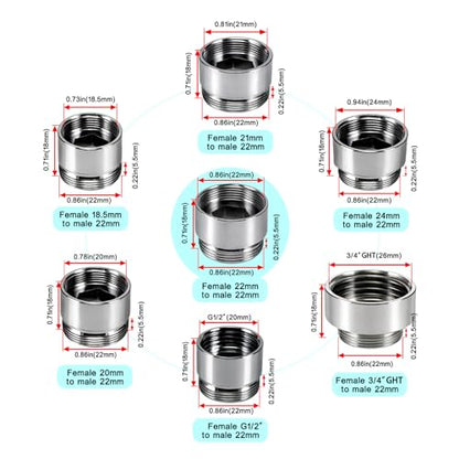 7 PCS Female Thread Faucet Adapter Kit, Sink Faucet Aerator Adapter | Female Thread Sink Adapter: M18.5, M20, M21, M22, M24, G1/2 and 3/4 GHT to M22 Male, Faucet Connector with Washer, PTFE Tape