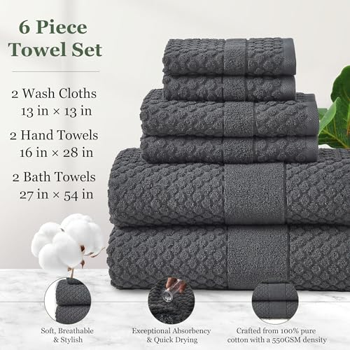 Simple&Opulence 6 Piece Luxury Towel Set, 100% Cotton Bathroom Towels with Hanging Loop (2 Bath Towels, 2 Hand Towels, 2 Washcloths) Stylish, Soft & Absorbent for Home, Hotel, Gym, Spa-Dark Grey - color: Dark Grey-6 Set
