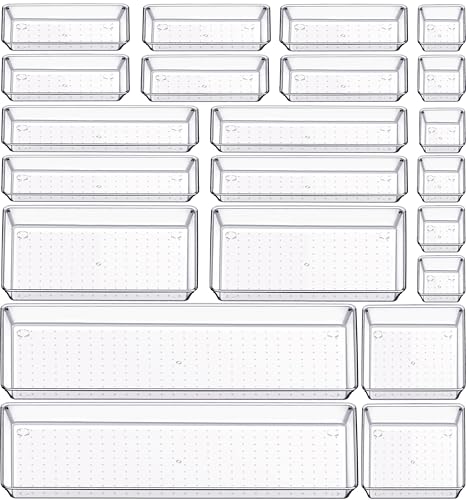 22 Pcs Drawer Organizer Bins, Acrylic Non Slip Kitchen Drawer Organizers Storage Tray Divider, Multifunctional Storage for Cosmetics, Bathroom, Tools, Kitchen and Office - size: 22 Pack