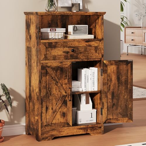 Floor Cabinet, Farmhouse Storage Cabinet with Barn Doors and Drawers | 11.81" D x 23.62" W x 39.37" H Freestanding Adjustable Shelf Organizer for Bathroom, Kitchen, Living Room Rustic Brown - color: Rustic Brown