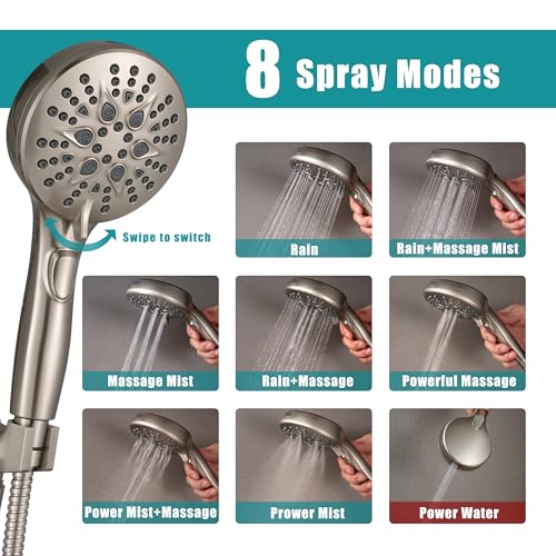 GwernKB Handheld Shower Head with ON OFF Switch & 79in Stainless Steel Hose | Brushed Nickel,Built-in Power Spray,7-mode High Pressure Spray with Bracket & Extra No Drilling Shower Holder for Lower Mount - color: Brushed Nickel