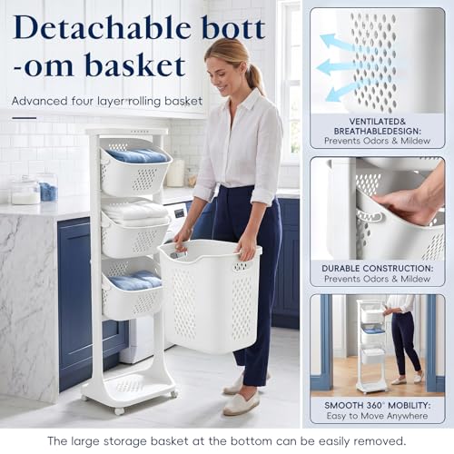 4 Tier Rolling Laundry Sorter Cart, Laundry Hamper with Wheels and Removable Baskets, Narrow Laundry Organizer for Bathroom, Bedroom and Laundry Room, Large Capacity Clothes Storage Cart
