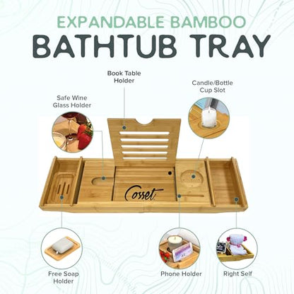 Bathtub Tray - Expandable Bamboo Bathroom Tray for Women and Men - Soap Dish, Book, Phone & Tablet Holder, Wine Glass Slot - Relaxing Bath Caddy for Spa and Shower
