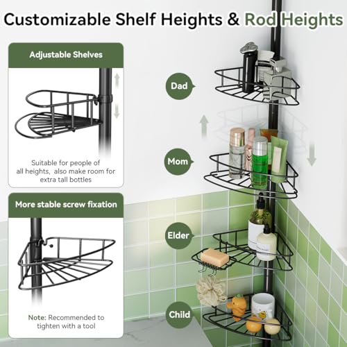 Corner Shower Caddy Tension Pole-4 Tier Adjustable Bathroom Shower Organizer with Soap Holder, Rustproof Shower Shelves Shower Rack for Inside Shower, Bathtub Shampoo Storage 29-118", Black