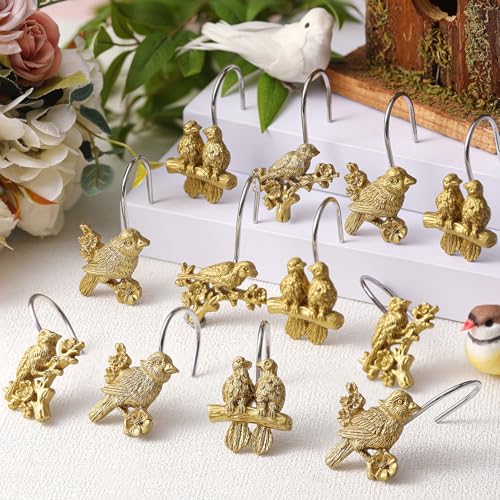 12 Pcs Bird Shower Curtain Hooks Antique Gold Birds Animal Decorative Hooks Rings Bulk Cute Hanger Stainless Steel Resin Nature Spring Themed Curtain Rings for Bathroom Bedroom Home Decor - style: Bird