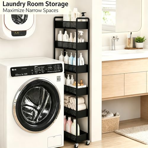 6-Tier Slim Rolling Storage Cart with Wheels,12.6" Raised Bottom Basket for Tall Bottles,Narrow Metal Utility Cart Organizer for Kitchen,Bathroom,Laundry Room,Gaps & Corners,Black