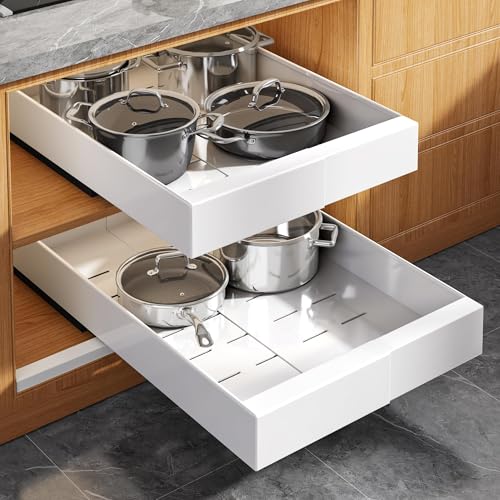 Seinloes 2 Pack Expandable Pull Out Cabinet Organizer 21" Deep with Raising Pad for Framed Cabinets,Upgrade 3 Slide Rails Slide Out Drawers,Roll Out Shelves Adhesive,Adjustable Width 9"-14.1" White - color: White, size: 21"D x 9"-14.1"W(2Pack)