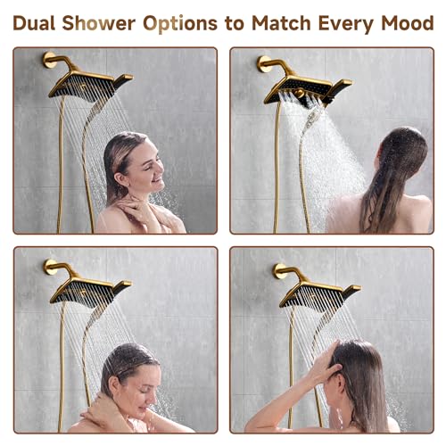 BRIGHT SHOWERS Dual Shower Head with Handheld, High Pressure Rainfall Shower Head Combo, 60-Inch Stainless Steel Hose, Brushed Gold - color: Brushed Gold, size: 1.8 Gallon Per Minute