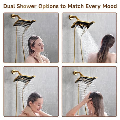 BRIGHT SHOWERS Dual Shower Head with Handheld, High Pressure Rainfall Shower Head Combo, 60-Inch Stainless Steel Hose, Brushed Gold - color: Brushed Gold, size: 1.8 Gallon Per Minute