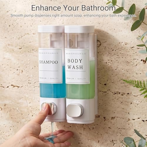 Shampoo and Conditioner Dispenser, Shower Soap Dispenser Wall Mounted, Shampoo Dispenser for Shower Wall No Drill, Bathroom Body Wash Dispenser 2 * 350ml White 2 Chamber - size: 2
