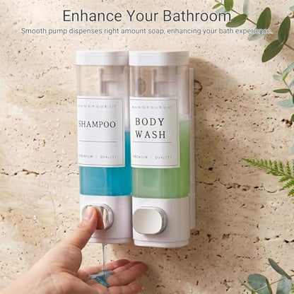 Shampoo and Conditioner Dispenser, Shower Soap Dispenser Wall Mounted, Shampoo Dispenser for Shower Wall No Drill, Bathroom Body Wash Dispenser 2 * 350ml White 2 Chamber - size: 2