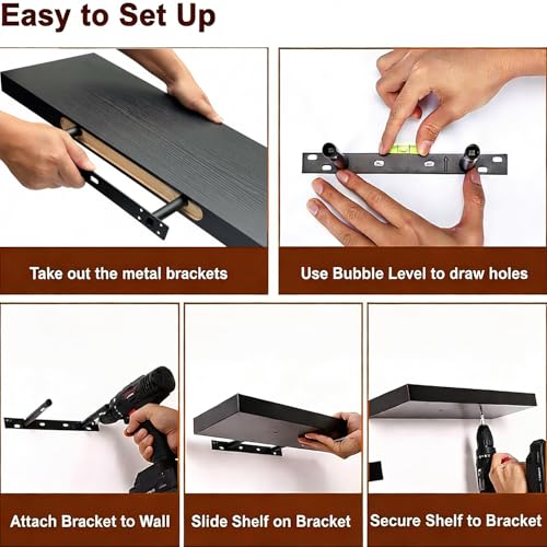 Wood Floating Shelves Floating Wall Shelves Set of 2, Wall Mounted Space Saving Display Rack, 50LBS Capacity Farmhouse Style for Home Bathroom Kitchen Office, 23.6" W×9.25" D×1.57" H, Black - color: Black, size: 23.6'W *9.25"D*1.57"H ,Set of 2