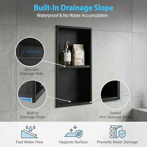 304 Stainless Steel Shower Niche 12” x 24” for Bathroom Storage | Matte Black Recessed Shower Niche No Tile Needed with 2-Tier Shelves for Bathroom Space Saving - size: 12 x 24 inch