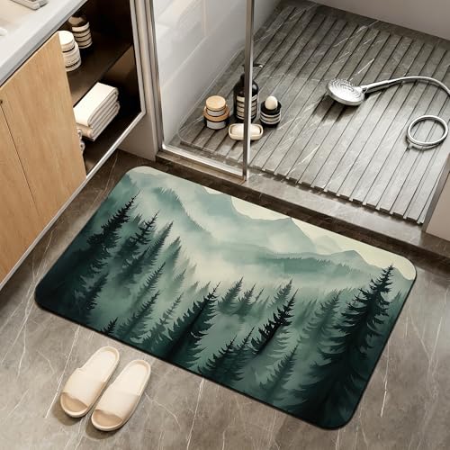 Mountain Landscape Bath Mat,Green Forest Diatomaceous Earth Bath Mat,Rubber Backing Quick Dry Absorbent Washable Bathroom Rugs for Tub Non Slip 17"x29.5" - color: Mountain Landscape,green Forest
