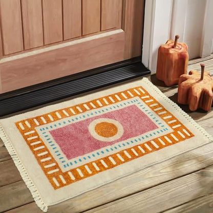 Lukinbox Boho Bathroom Rugs with Fringes, 2x3 Small Washable Sun Area Rug for Bedroom, Ultra Soft Non-Slip Orange Rainbow Throw Rug for Kids Room Entryway Kitchen Door Mat - size: 2' x 2'11" (Rectangular)