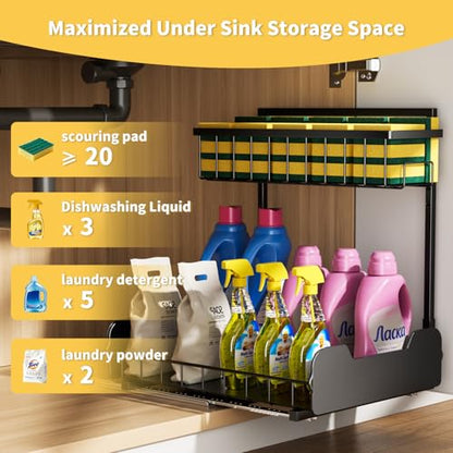 PureBox Under Sink Organizer, 2-Tier L-Shaped Pull Out Cabinet Shelf with 2 Installation Methods, Adjustable Sliding Storage Drawer for Kitchen, Bathroom, Laundry, Metal, Black, 2-Pack - size: 2 Pack