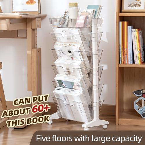 5 Tier Rolling Book Cart Multi-Functional Movable Storage Bookshelves | rolling bookshelf,Movable Storage Bookshelves with Lockable Wheels for Study Office Library Classroom, - color: Transparent White