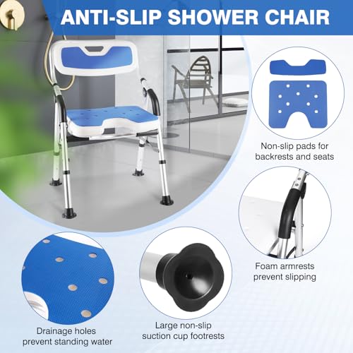 DEWEL Foldable Shower Chair for Elderly and Disabled, Folding Shower Seat with Armrests and Back Height Adjustable, Aluminum Alloy Bath Seat for Inside Shower, 330lbs Capacity (Blue) - color: Blue