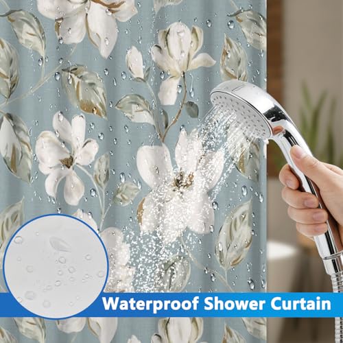 Floral Shower Curtains for Bathroom, Double-layer No Hook Shower Curtain with Detachable Liner and Mesh Top Window, 71x74 Inches Waterproof Fabric Shower Curtain with Built-in Rings and Weighted Hem - color: White Flowers