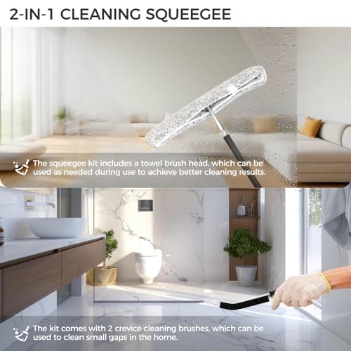 17“- 60" Extendable Long Handle 2-in-1 Window Squeegee Silver | 12.4" Wide Metal Shower Squeegee for Glass Doors, 2-in-1 Squeegee for Home Window Cleaning, Tile Wall, Car - color: Black/Silver